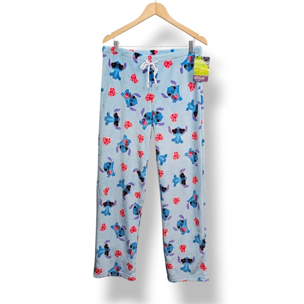 Disney Stitch Fleece Lounge Pajama Pants XL Blue Comfy Hearts Valentines Day NEW